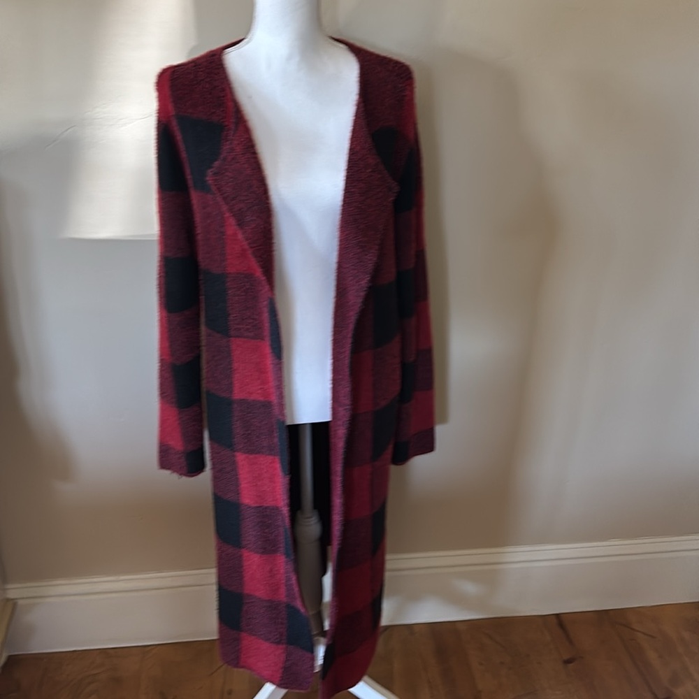 Red and Black Plaid Long Cardigan